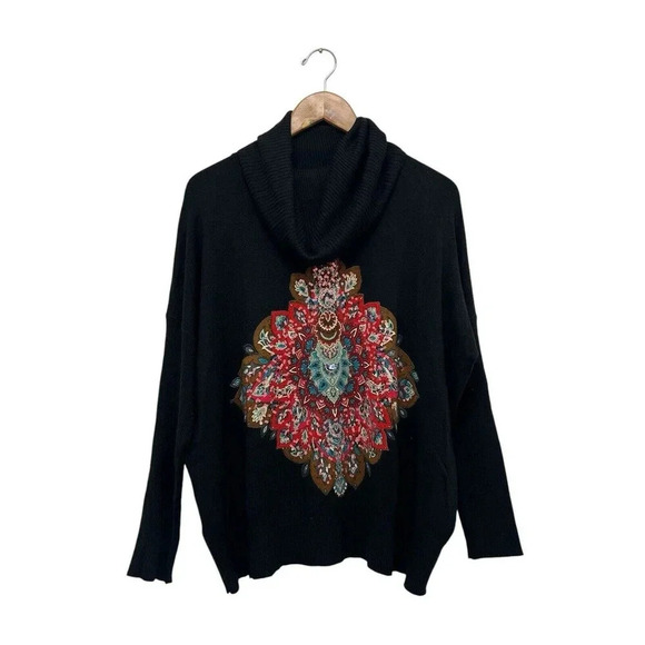 Desigual Casandra Jumper Sequin Paisley Knit Funnel Turtleneck Sweater Black L - Picture 6 of 14